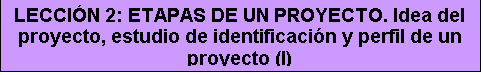 Cuadro de texto: LECCI&Oacute;N 2: ETAPAS DE UN PROYECTO. Idea del proyecto, estudio de identificaci&oacute;n y perfil de un proyecto (I)