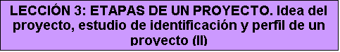 Cuadro de texto: LECCIÓN 3: ETAPAS DE UN PROYECTO. Idea del proyecto, estudio de identificación y perfil de un proyecto (II)