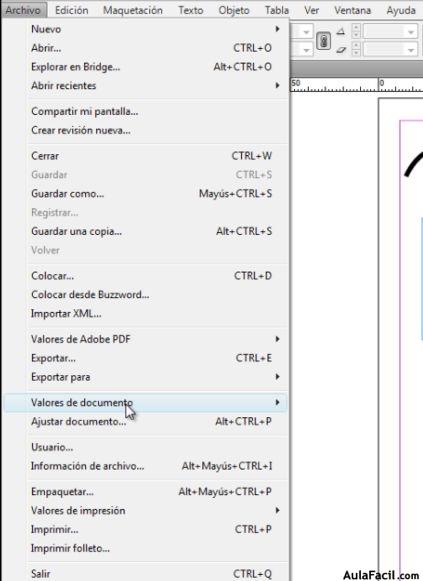 menu archivo opcion valores del documento