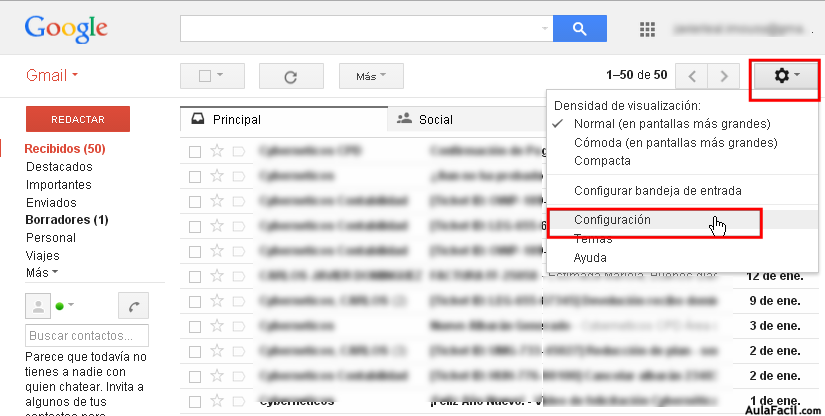 opciones de configuración de gmail