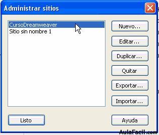 cuadro dialogo para administrar sitios