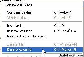 opción eliminar columna