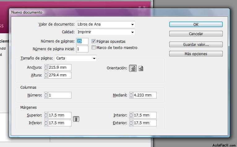 Cuadro de dialogo para editar los ajuses de un documento nuevo