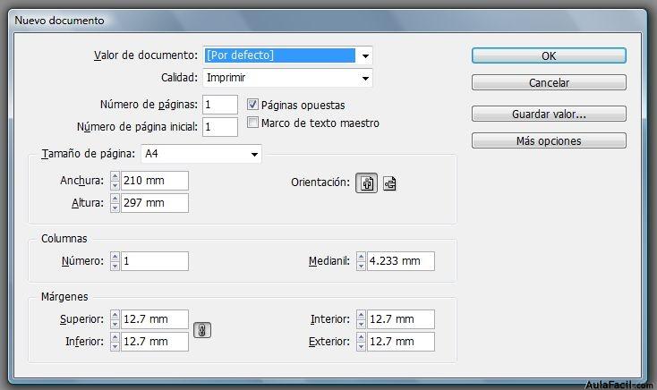 cuadro de dialogo para configurar documento nuevo