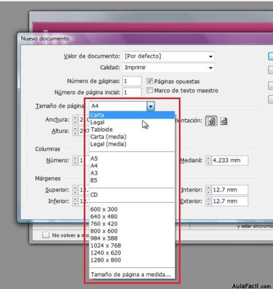 Diferentes tamaños de folio que nos ofrece InDesign
