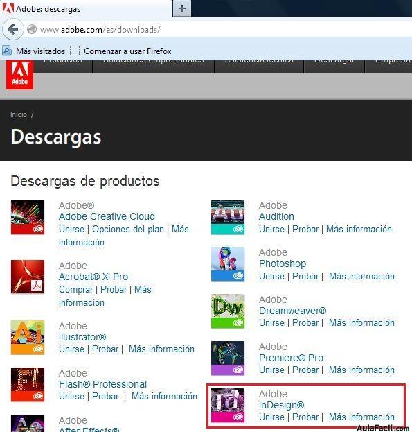 Página descarga InDesing CS5