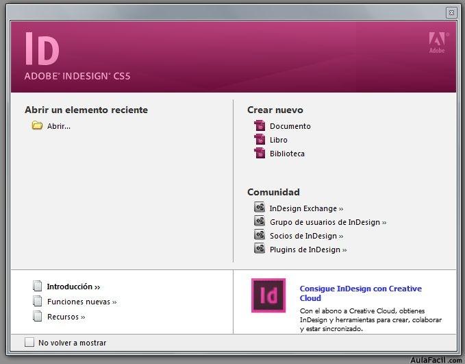 Ventana de Bienvenida InDesing CS5
