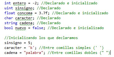 Declarando e inizializando diversos tipos de variables