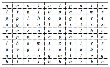 Find the following animals in the wordsearch.