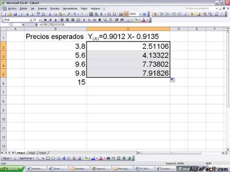 Los valores obtenidos como “a” y “b” son estimadores de los parámetros reales, porque se dicen estimadores por que son encontrados a partir de una muestra, su representación en econometría son los valores ß, el caso de “a” se esta tratando con el intercepto y con “b” con la elasticidad, si “b” esta siendo afectado por un logaritmo ese coeficiente es una tasa de crecimiento. En la medida que el valor de r o r2 tienda a uno o a -1 se esta tratando de una fuerte correlación, los investigadores prefieren trabajar con un coeficiente de correlación cercano a 0.90 y 0.95, si es 0.99 nos encontramos en la posibilidad de presentar auto correlación entre las variables y por tanto no aproximarnos a los valores reales. PROYECCIONES Las proyecciones de los modelos como se ha planteado son en dos momentos el Corto Plazo CP y el Largo Plazo LP, este último se utiliza solamente la ecuación calculada por mínimos cuadrados ordinarios, en el caso de CP sea hace una regresión utilizando las desviaciones típicas de cada valor u observación para estimar su relación de variabilidad con la función econométrica a partir de ello se aplica a las observaciones un método de diferencias para determinar su variación para cada año y a partir de los coeficientes que refleje se puede hacer estimaciones para no mas de 5 o 6 observaciones a futuro, con la condición de proyectar las variables independientes . El método de proyecciones de CP no será presentado por tratarse de un método que requiere otros elementos de análisis como la estacionariedad de la serie y su cointegración, así como métodos de proyección y utilización de paquetes computacionales; por tal motivo estamos en la posición de hacer proyecciones a LP, para ello se toma la ecuación calculada y se procede a sustituir valores de la variable independiente que se encuentren dentro del rango o dominio de la variable X. Finalmente para efectuar una proyección de CP, el modelo debe poseer un coeficiente de correlación cercano a 1 o a -1, una mínima desviación estándar y poseer significancía estadística, solo de esta manera una proyección es confiable, en la medida que los el r2 sea cercano a cero o inferior a 0.75, una desviación grande y con coeficientes no representativos la estimación se dice no confiable o espuria. Para el ejercicio de la función lineal tenemos una ecuación construida para un domino que va desde 3.3 a 11, el cual representa el precio. Con esa información podemos decir que si el mercado espera en ese periodo un precio de 5 unidades monetarias el valor de la cantidad ofertada será de Y(X)=0.9012 (5)- 0.9135, Y(X)= 3.59, en consecuencia los productores ofrecerían una 3.6 kilos de carne aproximadamente, la misma mecánica se aplica para las demás ecuaciones calculadas, la interpretación variará dependiendo de las variables utilizadas. En el caso de utilizar el Excel solo es necesario aplicar la formula tal como se presenta en la siguiente grafica, el valor variable es la columna de los precios esperados B y por tanto se deja la ecuación idéntica excepto ese valor que nos sirve para estimar, para encontrar los valores posteriores simplemente es necesario copiar y hacia abajo Nótese que el valor de 15 no fue estimado por no encontrarse dentro del rango, lo mismo se aplica para casos que están por debajo de 3.3.