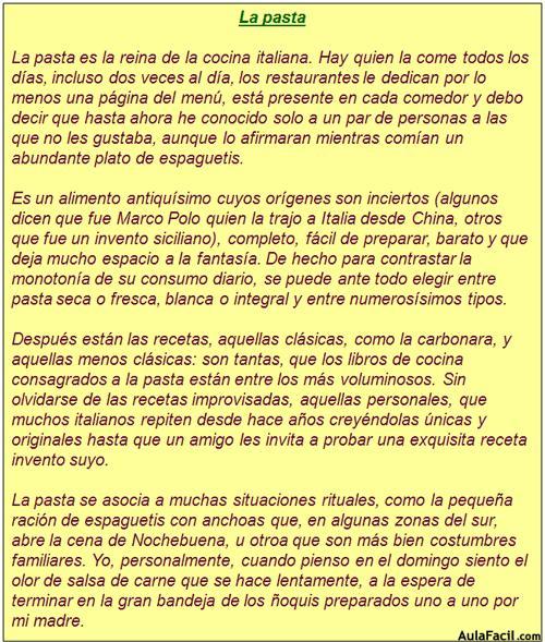 🥇 【 La pasta Italiano Lecturas