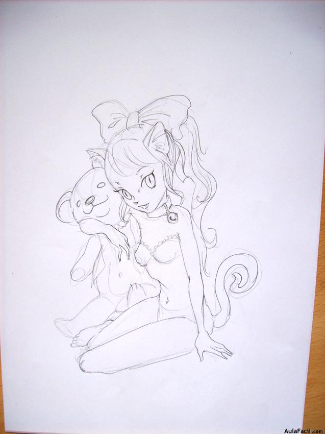 🥇▷【 Boceto y Dibujo a lápiz - Dibujar Chica Gato Manga 】