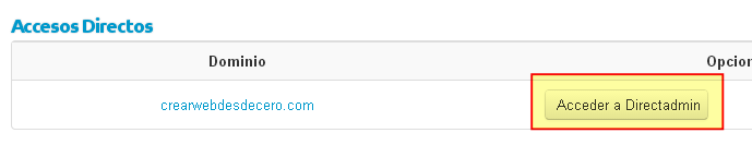 Botón acceder a DirectAdmin