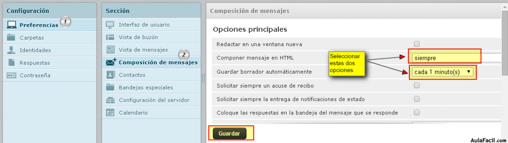 opciones de configuración de composición de mensajes