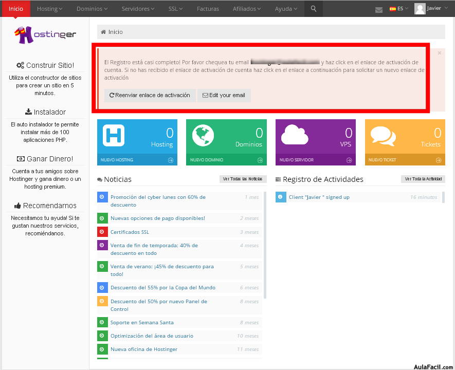 panel control hostinger pendiente de confirmar