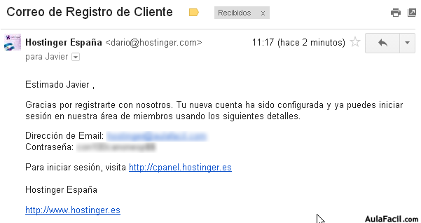 email registro cliente