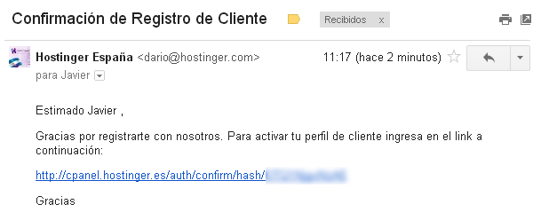 email confirmación cliente