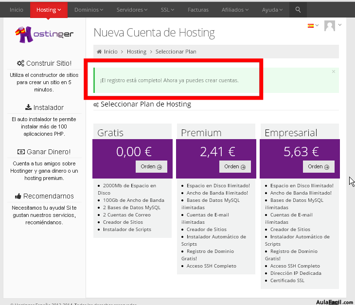 panel control cuenta confirmada