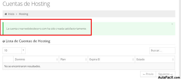 cuenta creada satisfactoriamente