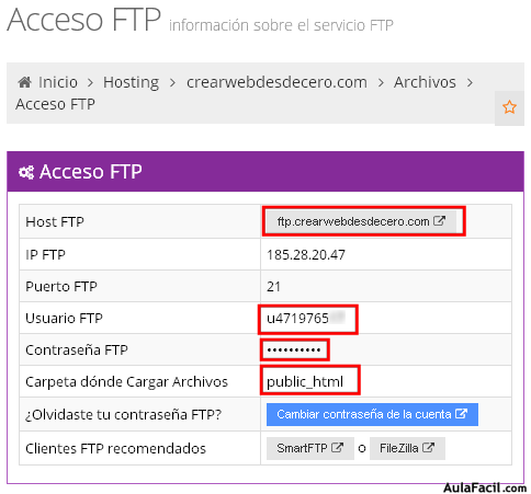 datos de acceso FTP