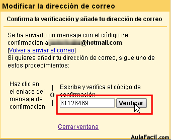 Indicar el código de verificación