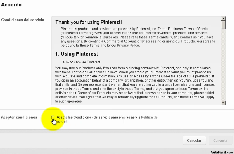 Aceptar condiciones de Pinterest