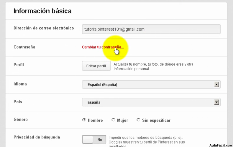 Cambiar contraseña de pinterest