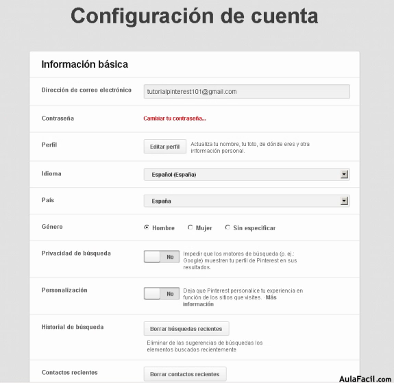 Configuración de cuenta de Pinterest