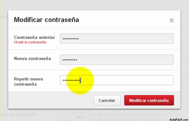 Modificar contraseña de Pinterest