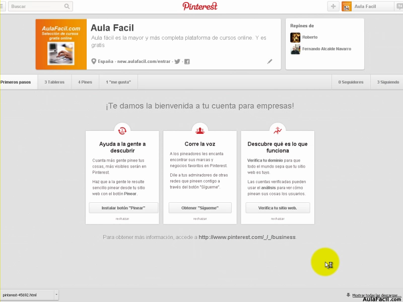 Pantalla cuenta de Pinterest