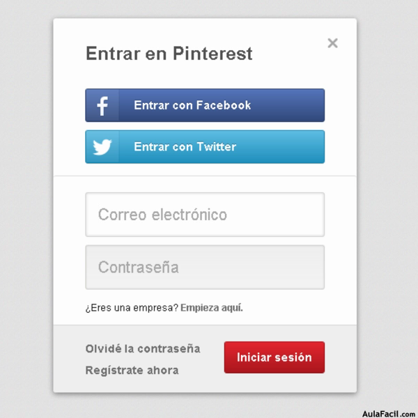 Pantalla de acceso a Pinterest