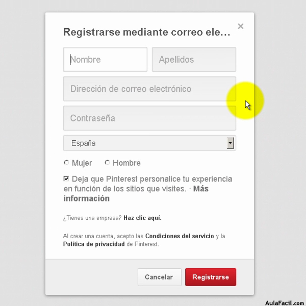 Pantalla de registro en Pinterest