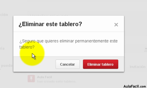 Ventana emergente eliminar tablero