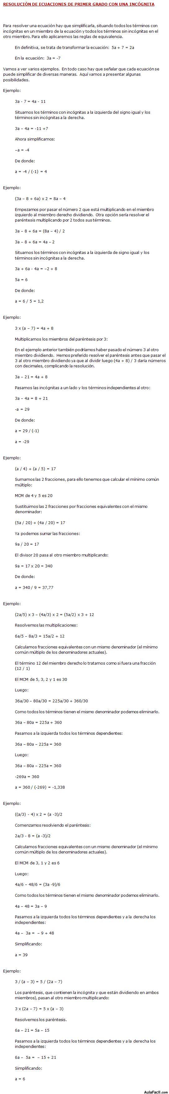 Resolución de ecuaciones de primer grado con una incognita