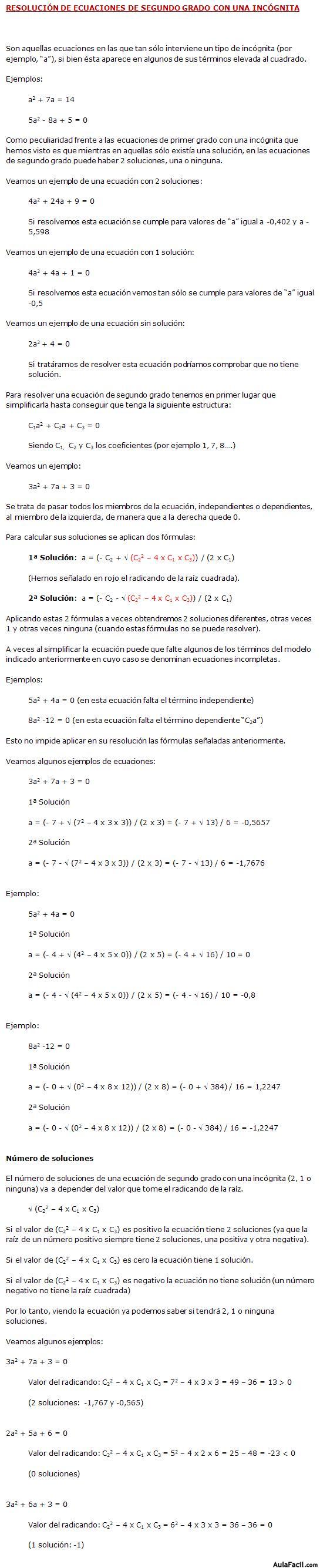 Resolución de ecuaciones de segundo grado con una incognita