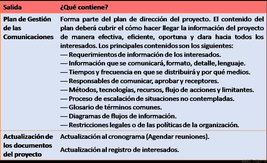 Salidas al Proceso de Planificación de las Comunicaciones