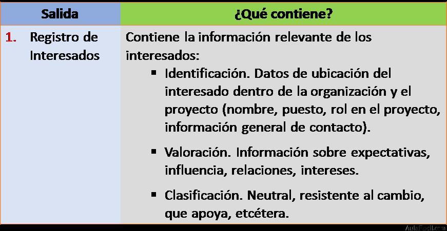 Salidas al Proceso Identificar a los Interesados