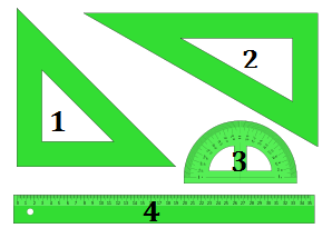 1) Escuadra 2) Cartabón 3) Transportador de Angulos 4) Milimetrada