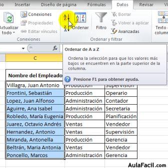 Formato a la Tabla - Ordenar Alfabéticamente e insertar Filas